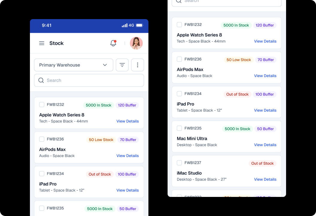 Inventory screen — stock visibility and product management