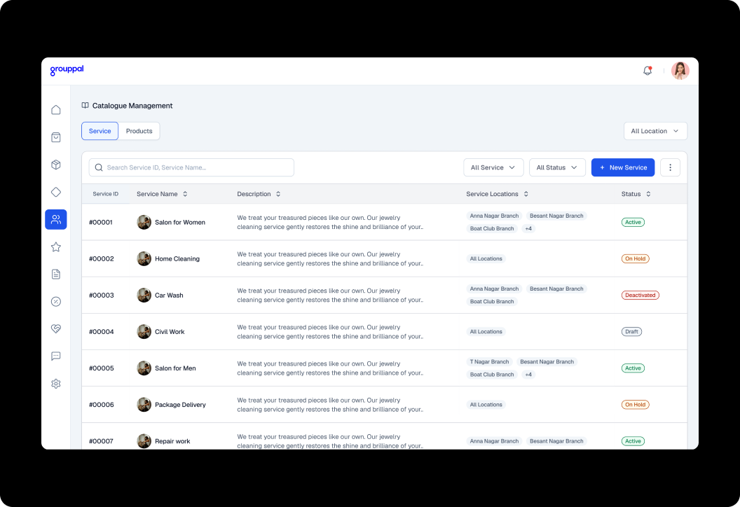 Products & Services screen — unified management for both offering types