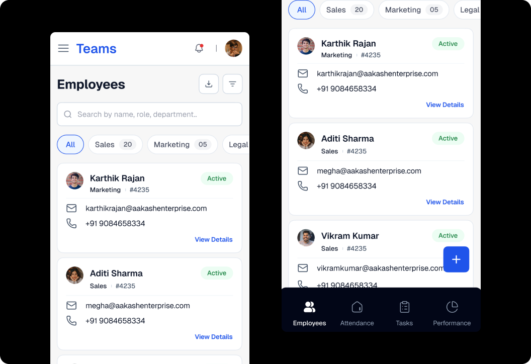 Teams screen — employees, attendance, leaves and tasks in one workspace