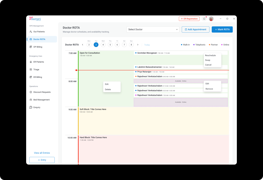 Doctor ROTA screen — daily-first scheduling interface