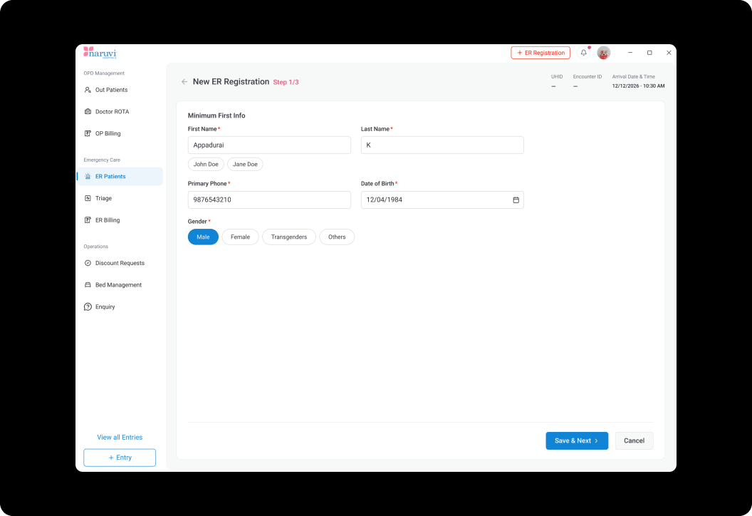 ER Registration screen — progressive intake form prioritized by urgency