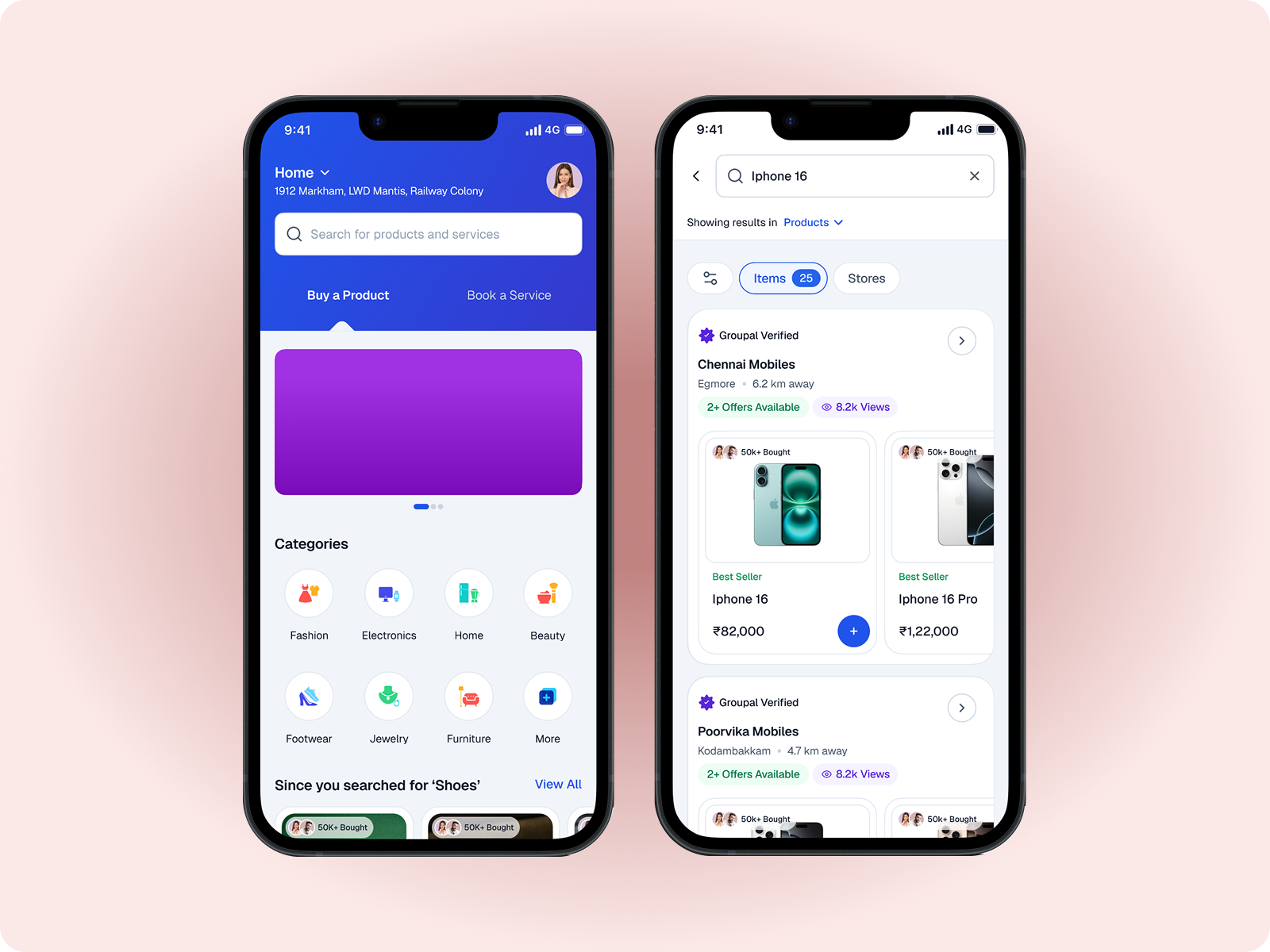 Mobile super application showing home screen with categories and search results across products and stores