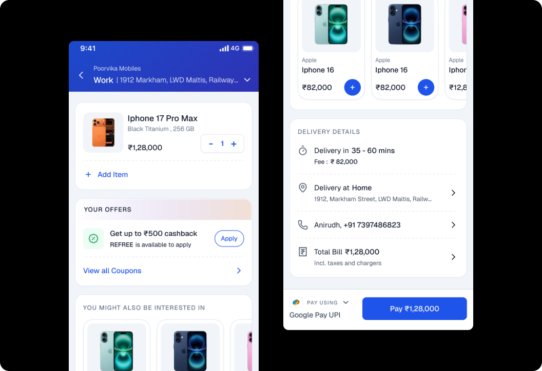 Cart & Checkout screen — pricing, delivery and payment in a progressive flow