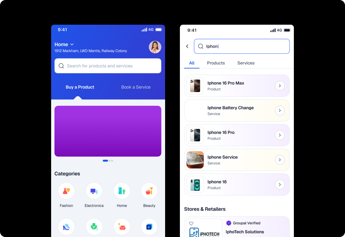 Home & Discovery screen — products, services, categories and personalised content