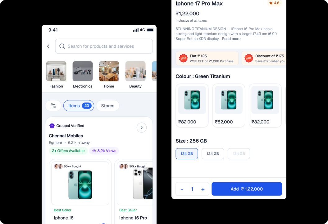Product Discovery screen — category browsing and comparison