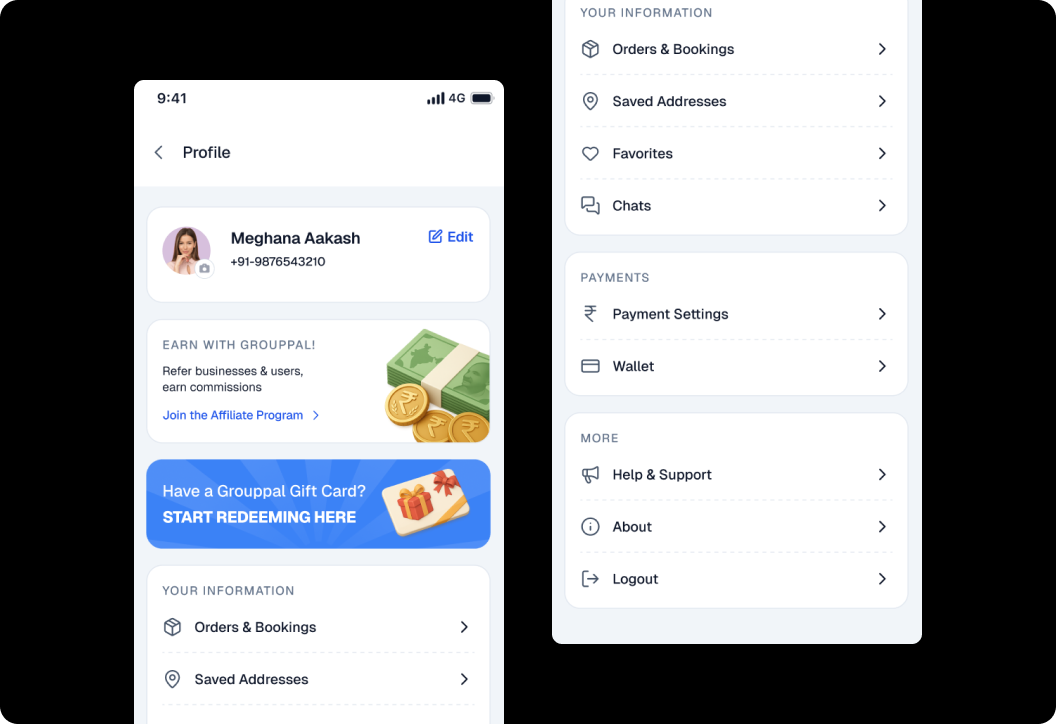 Profile & Orders screen — account information and order history
