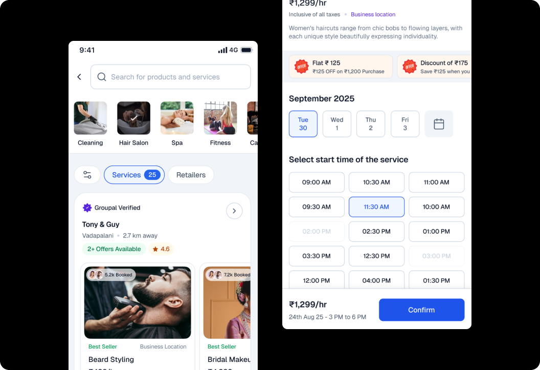 Service Discovery & Booking screen — availability, selection and booking